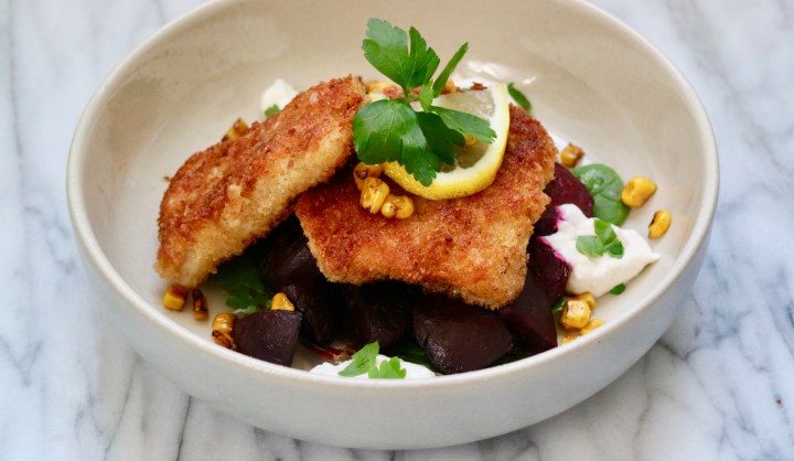 Crispy cod with red beets, roasted corn and horseradish&nbsp;sauce