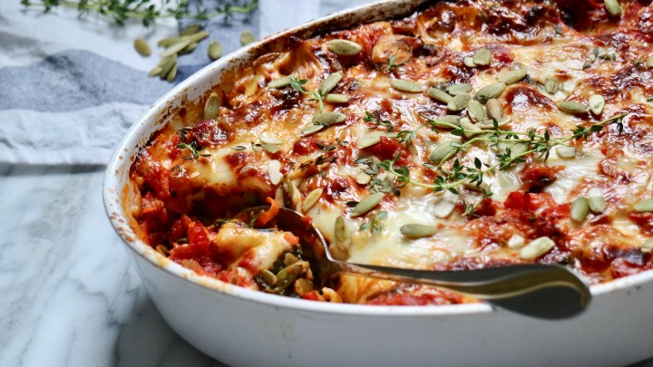 Vegetarian lasagna with halloumi, spinach and pumpkin&nbsp;seeds