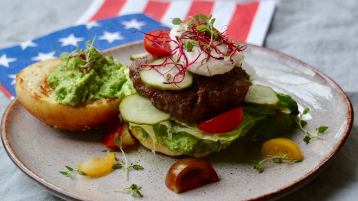 4th of July Burger with goat cheese, pickled cucumbers and pea&nbsp;pesto