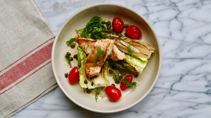 Grilled Snapper fillet with grilled little Gem lettuce, tomatoes and&nbsp;capers