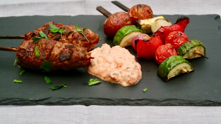 Grilled beef and vegetable skewers with carrot tzatziki and&nbsp;parsley
