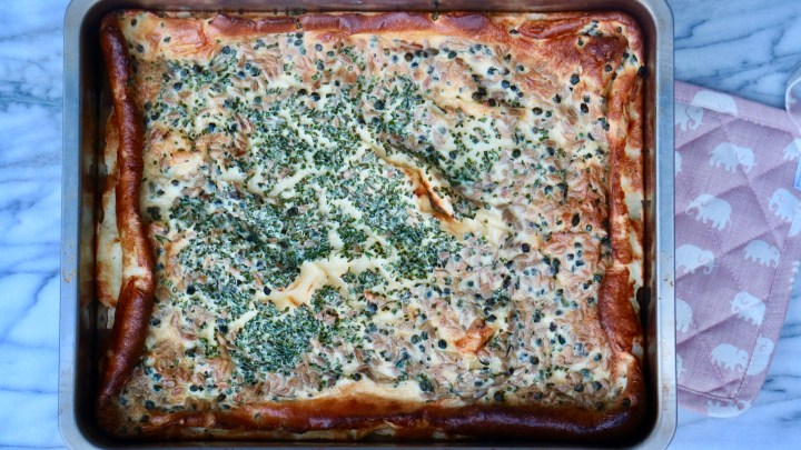 Oven baked pancake (Ugnspannkaka) with capers and&nbsp;chives
