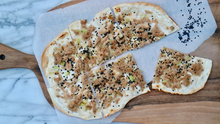 Flammkuchen with tuna, green onion and sesame&nbsp;seeds
