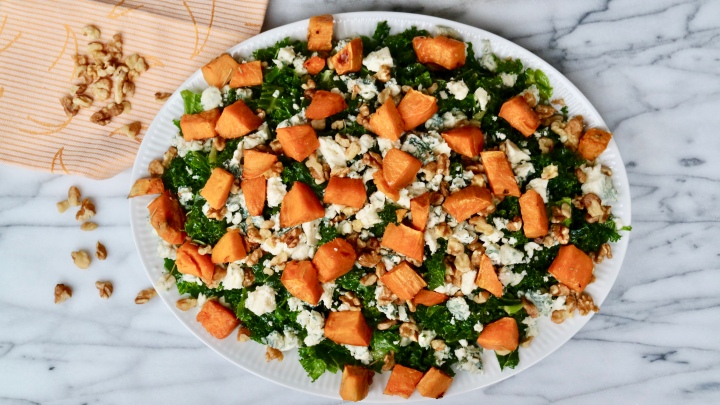 Kale salad with roasted sweet potato, walnuts and blue&nbsp;cheese