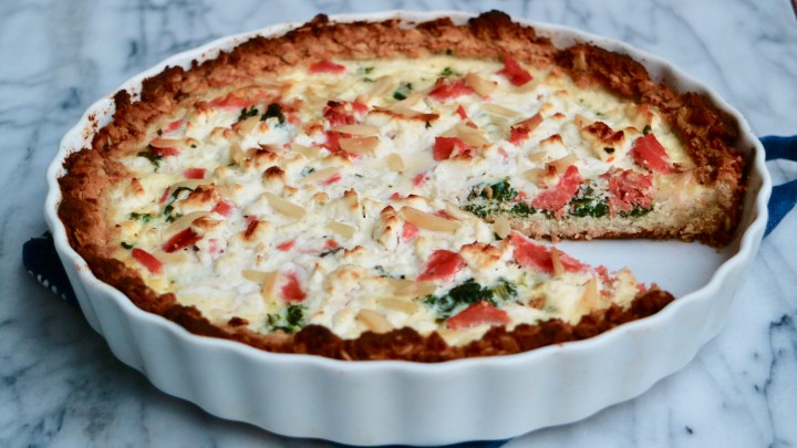 Gluten free quiche with salmon, kale and feta&nbsp;cheese