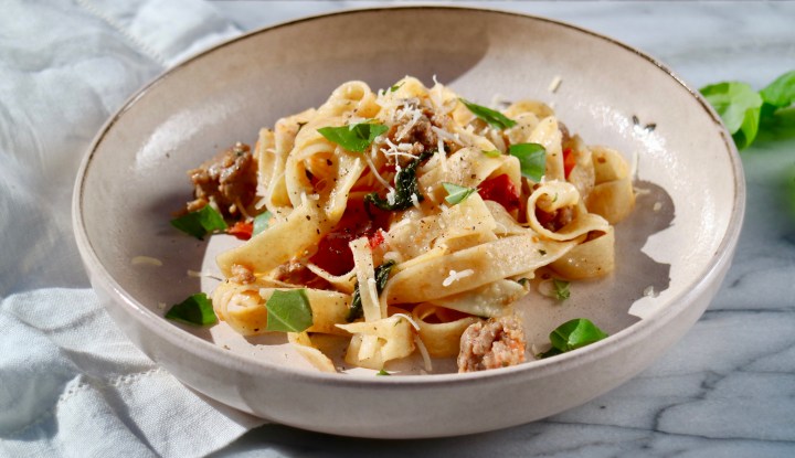Fettuccine with sausage, tomatoes and&nbsp;sage