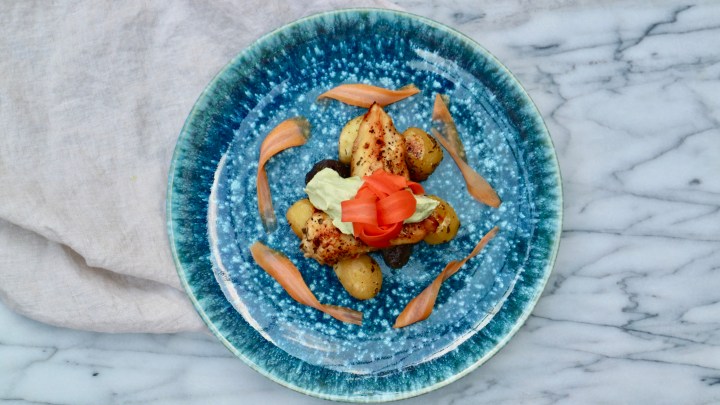 Grilled chicken with roasted potatoes, avocado crema and pickled&nbsp;carrots