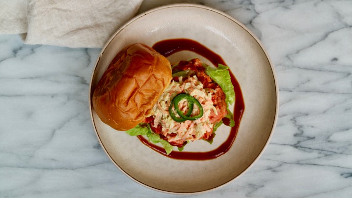 Pulled wild salmon with homemade bbq sauce and fennel&nbsp;coleslaw
