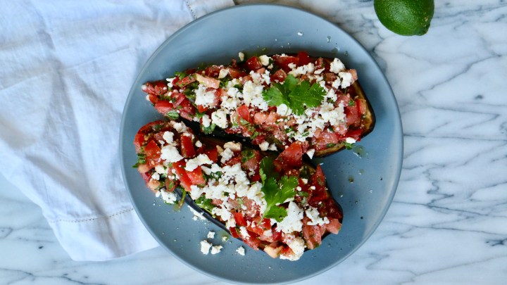Baked eggplants with tomato salsa and Feta&nbsp;cheese