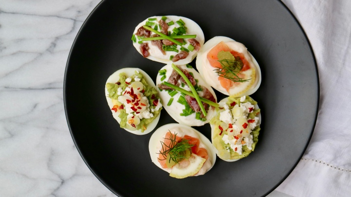 Easter deviled eggs with smoked salmon, avocado and&nbsp;anchovy