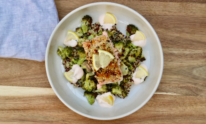Panko and sesame salmon with roasted broccoli and&nbsp;quinoa