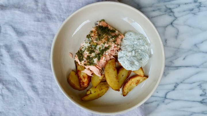 Dill salmon with potato wedges and a creamy pickle and dill&nbsp;sauce