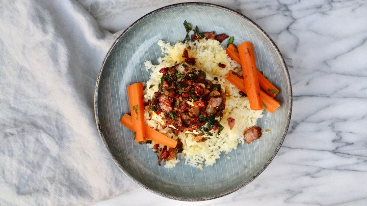 Oven-Streamed Cod with bacon, sun-dried tomatoes, parsley, pressed potatoes, caramelized butter and&nbsp;vegetables